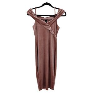 Windsor Velour Bodycon‎ Dress S Mauve Strappy Ruffle Tea Length Cocktail Holiday